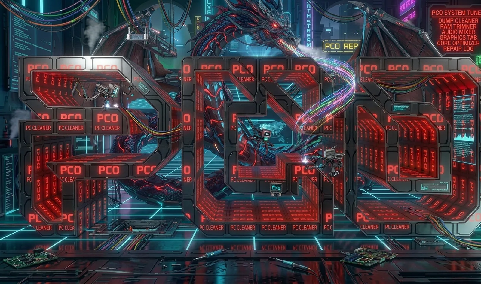 PCO brand artwork: giant PCO letters on a neon grid with a mechanical dragon and a sign listing System Tune, Dump Cleaner, RAM Trimmer, Audio Mixer, Graphics Tab, Core Optimizer and Repair Log
